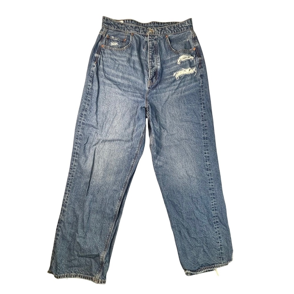 American Eagle Baggy Distressed High Rise Jeans Blue Denim Women's Size 16 Short